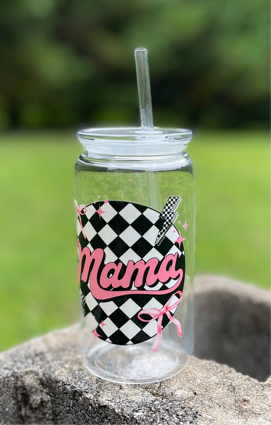 Pink Checkered Circle MAMA wrap- 16oz Plastic Tumbler