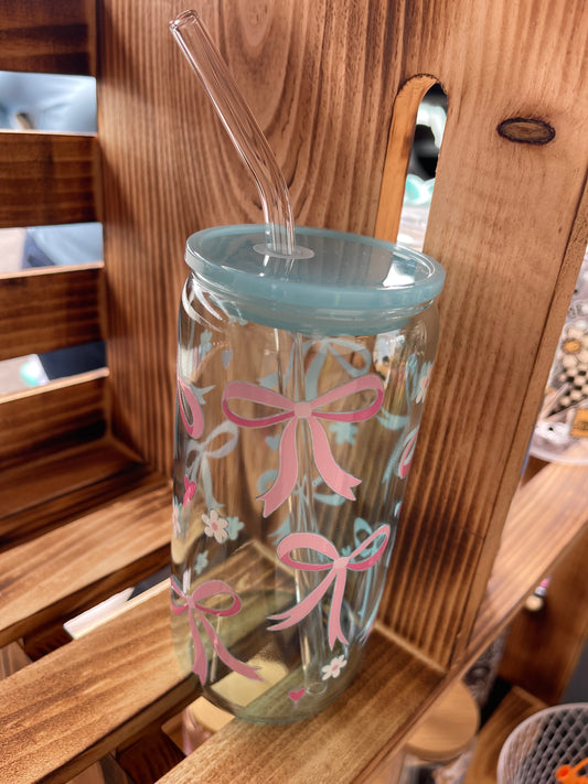 Blue Bows & Daisies - 16oz Glass Tumbler