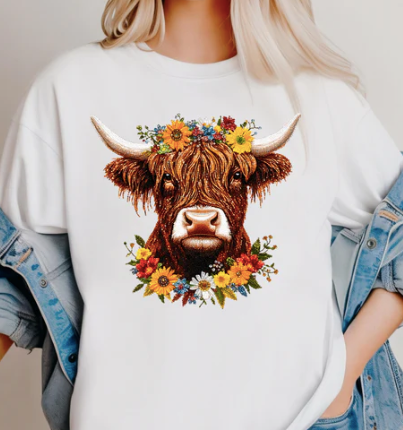 Faux Sequin Floral Highland Cow